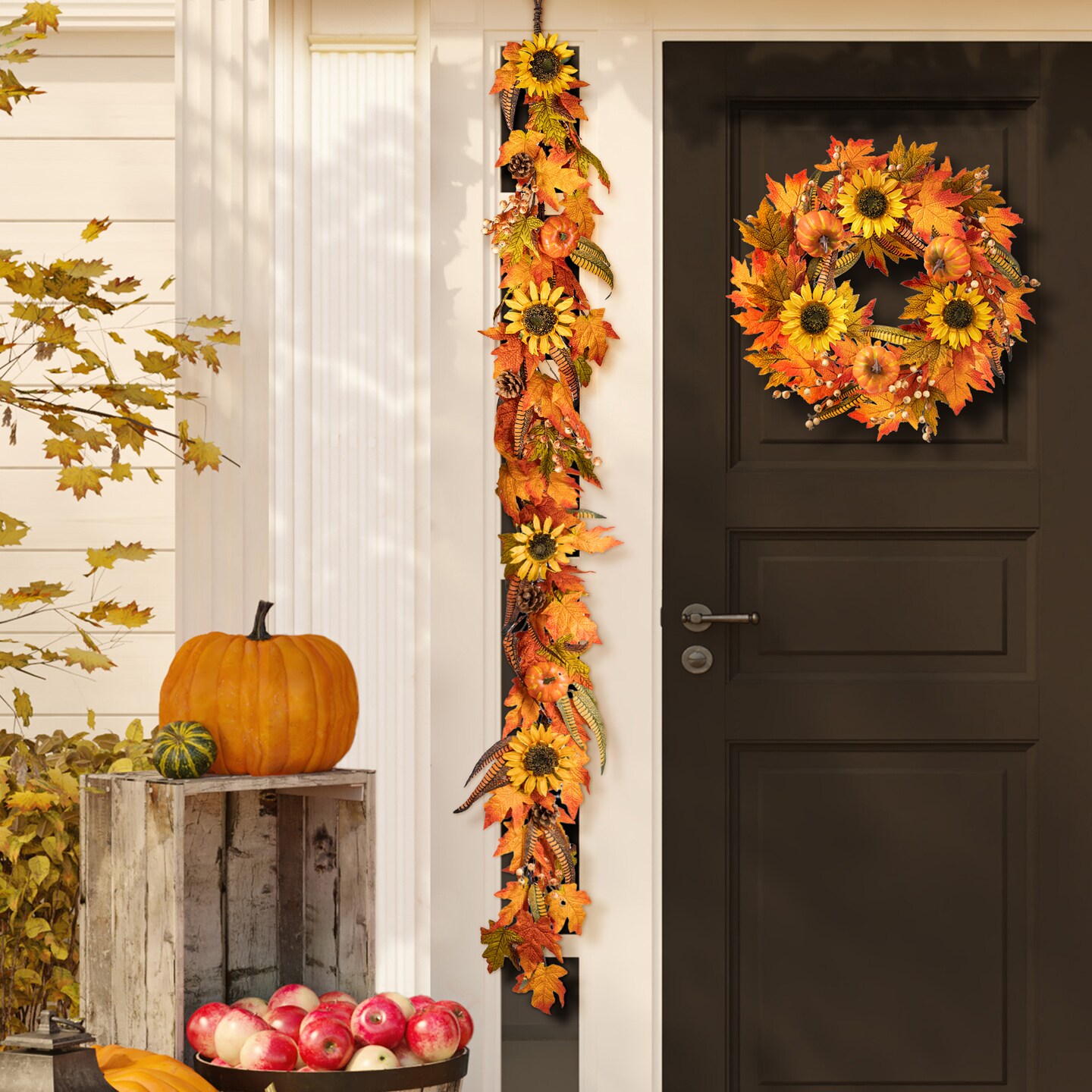 Set of 2 6ft Fall Maple Leaf and Sunflower Garland