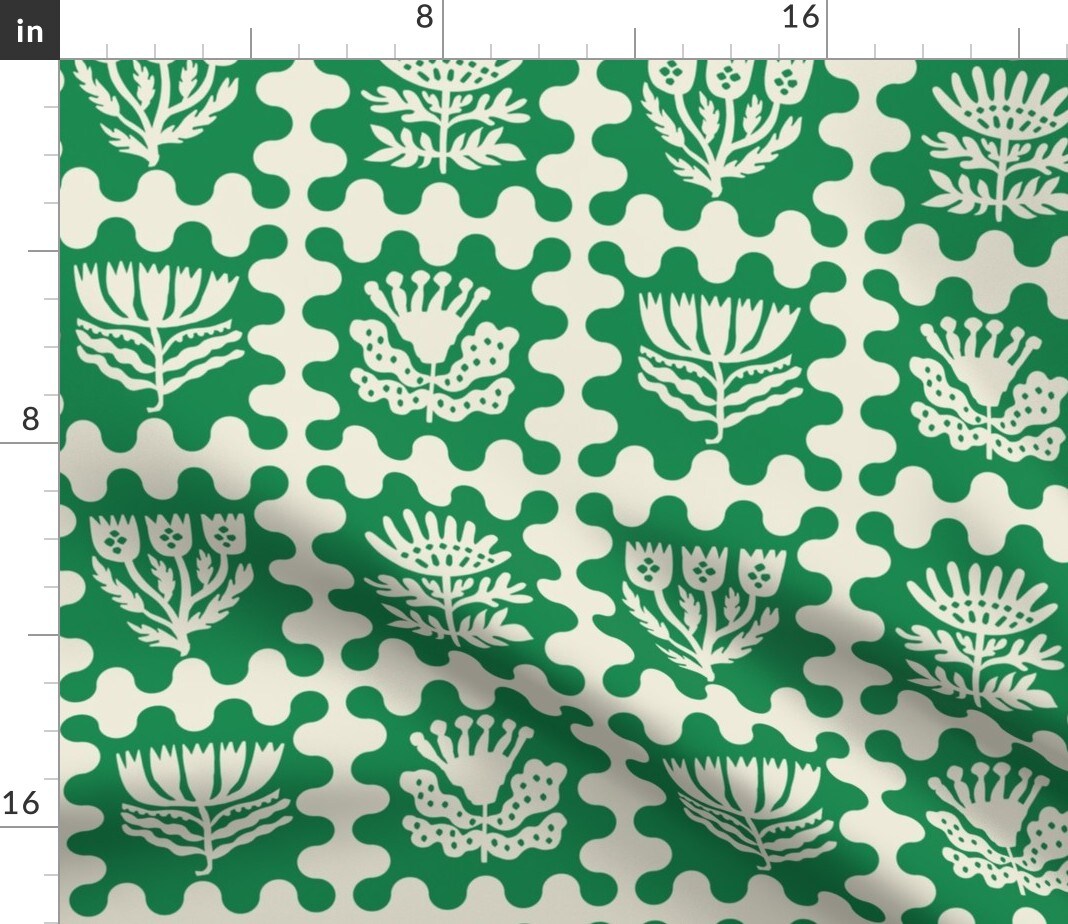 Folk Art Scandi Floral Nature Botanical Boho Scandinavian Leaf Maximalist Green Wavy Lines Grid Patchword Flowers Garden Bohemian Eclectic Custom Printed Fabric by Spoonflower Various Fabrics by the Yard or Fat Quarter
