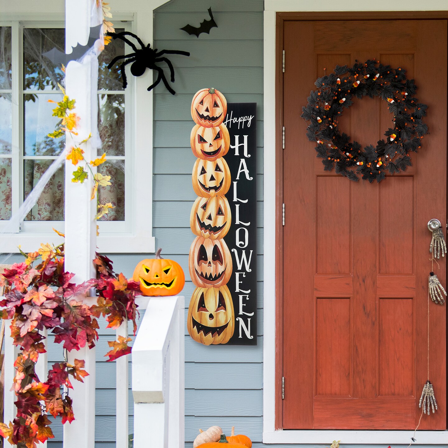 Set of 6 42&#x22;H Lighted Halloween Wooden Stacked Pumpkins Porch Sign with Timer