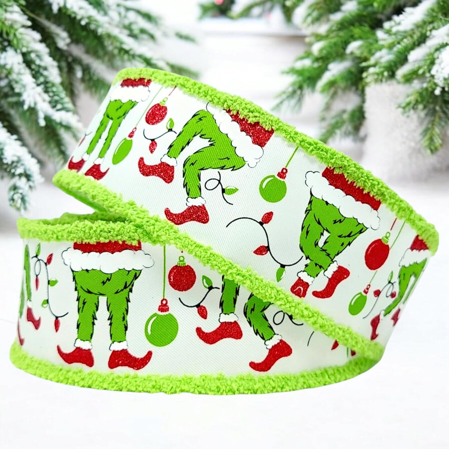 RG Ribbon: 2.5" Christmas Elf Legs Faux Fur Wired Edge Ribbon - White, Lime Green, Red