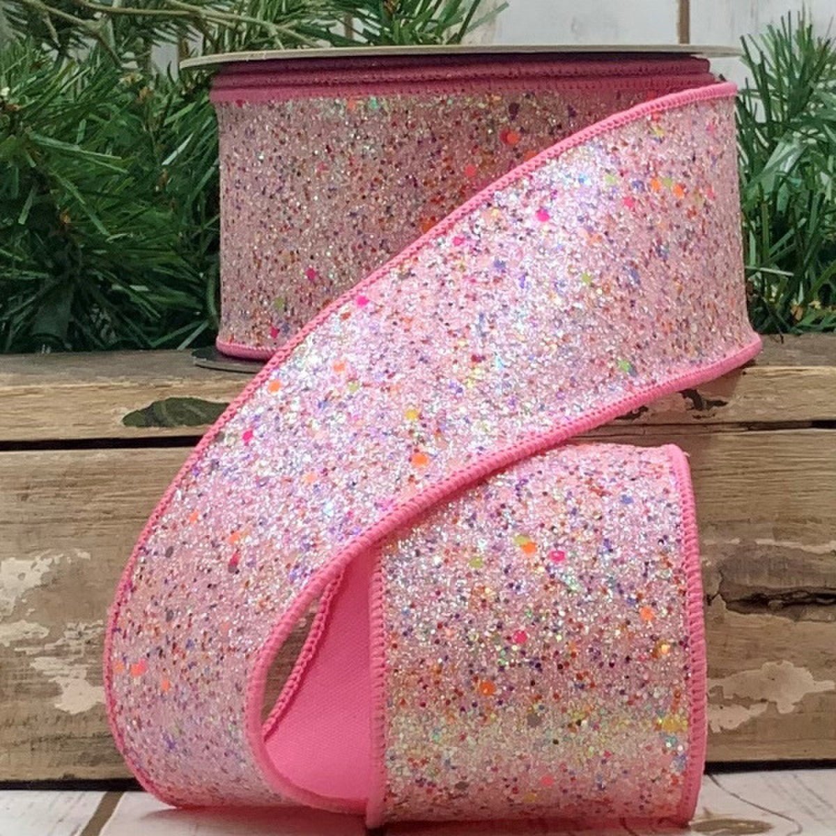 2.5&#x22; Glitter Confetti Ribbon: Pink (10 Yards)