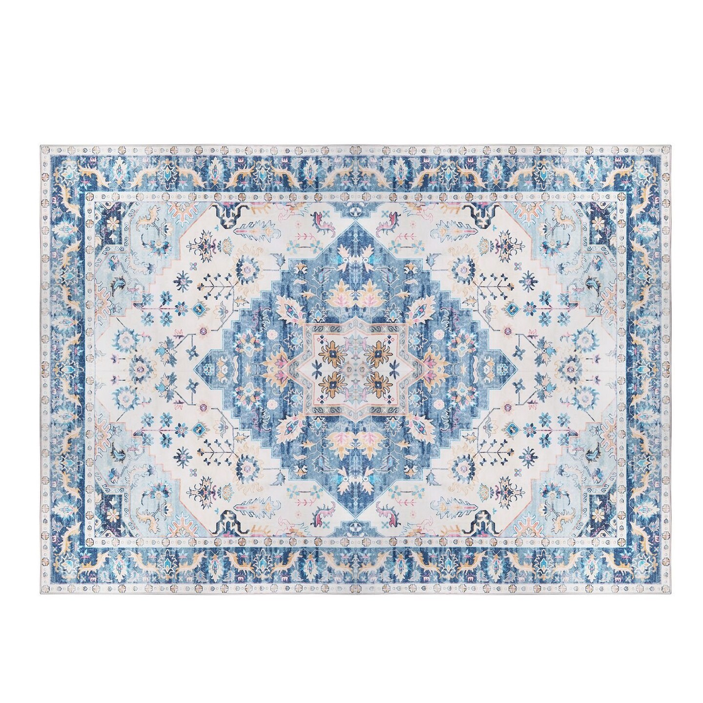 Edge Collections - Blue - Vintage Area Rug Boho Low Pile Soft Rug Waterproof Machine Washable - 1 Piece