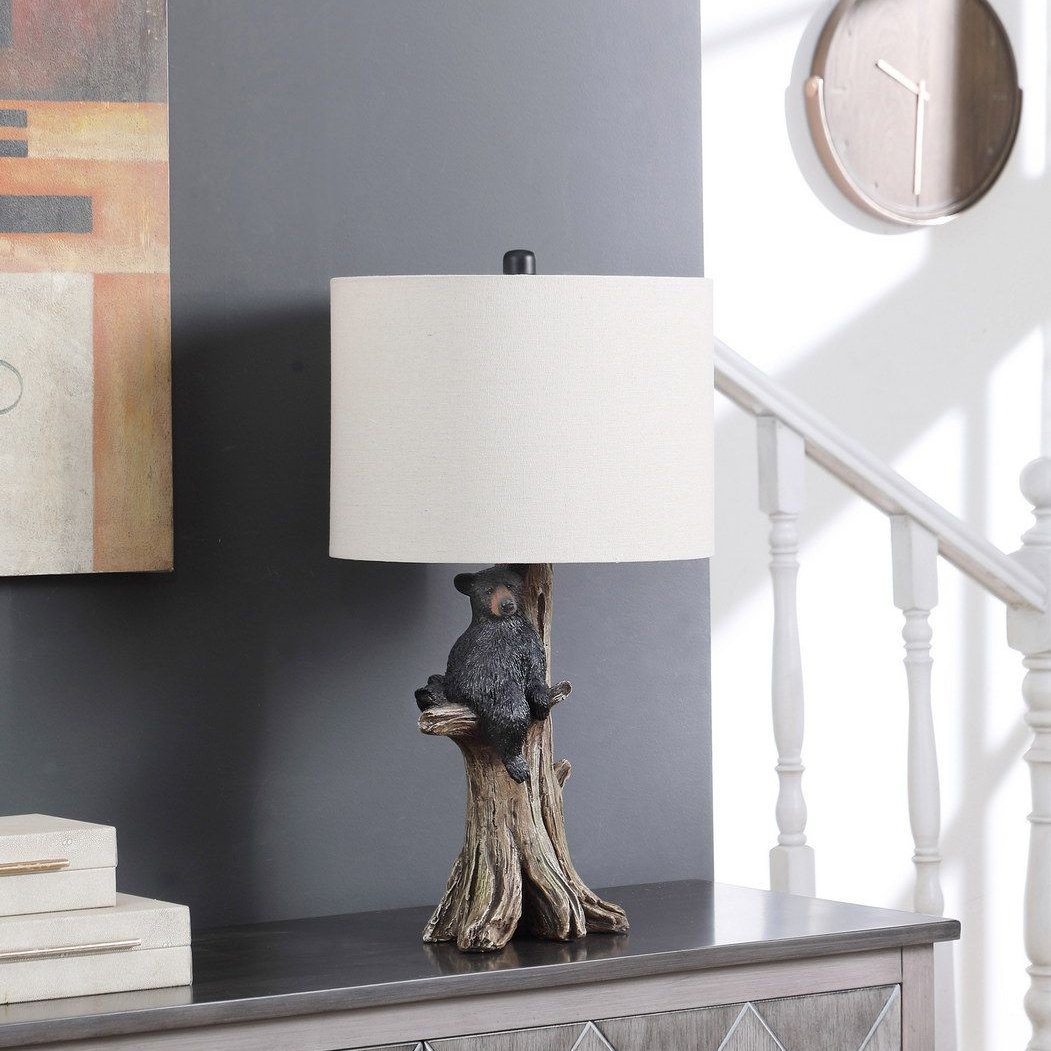 Edge Collections - Grey - Polyresin Bear On A Tree Table Lamp - 1 Piece