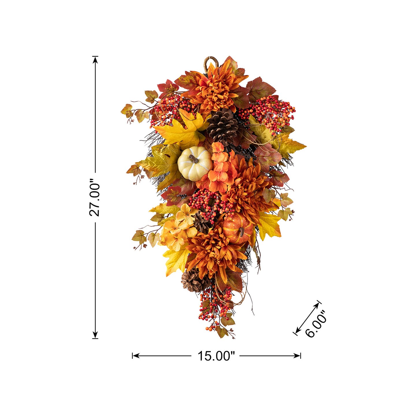 Set of 2 27&#x22;H Fall Dahlia Pumpkin, Leaf and Berry Teardrop Swag