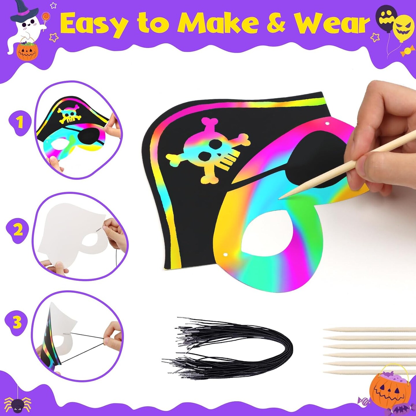 24 Pcs Rainbow Scratch Paper Mask Craft Kit Halloween Themed