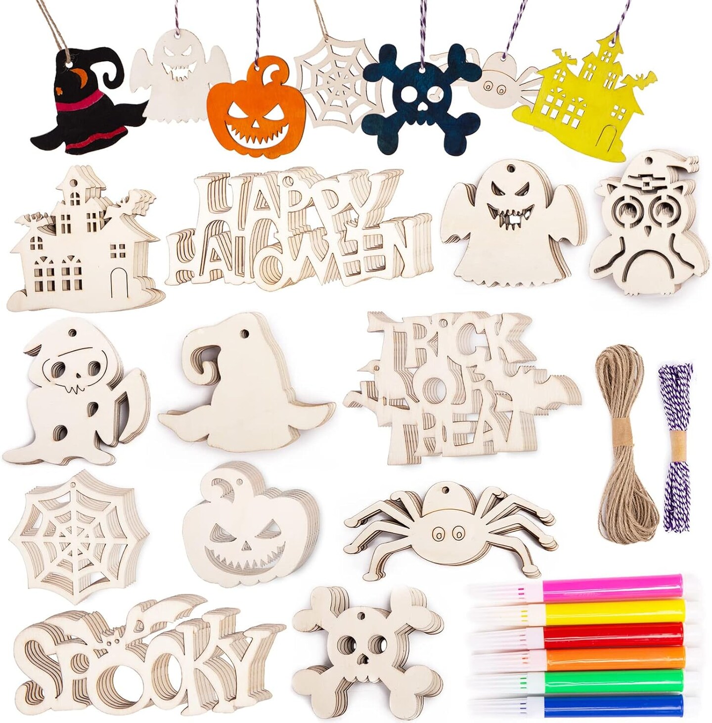 72PCS Unfinished Wood Cutouts Blank Wood Ornaments for Halloween Hanging Decorations Gifts