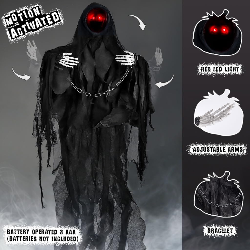 47&#x22; Halloween Animated Hanging Ghost Scary,2024 Hanging Faceless Grim Reaper Swing Black Robe with Creepy Sound and Light for Indoor Outdoor Horror Decor Prop