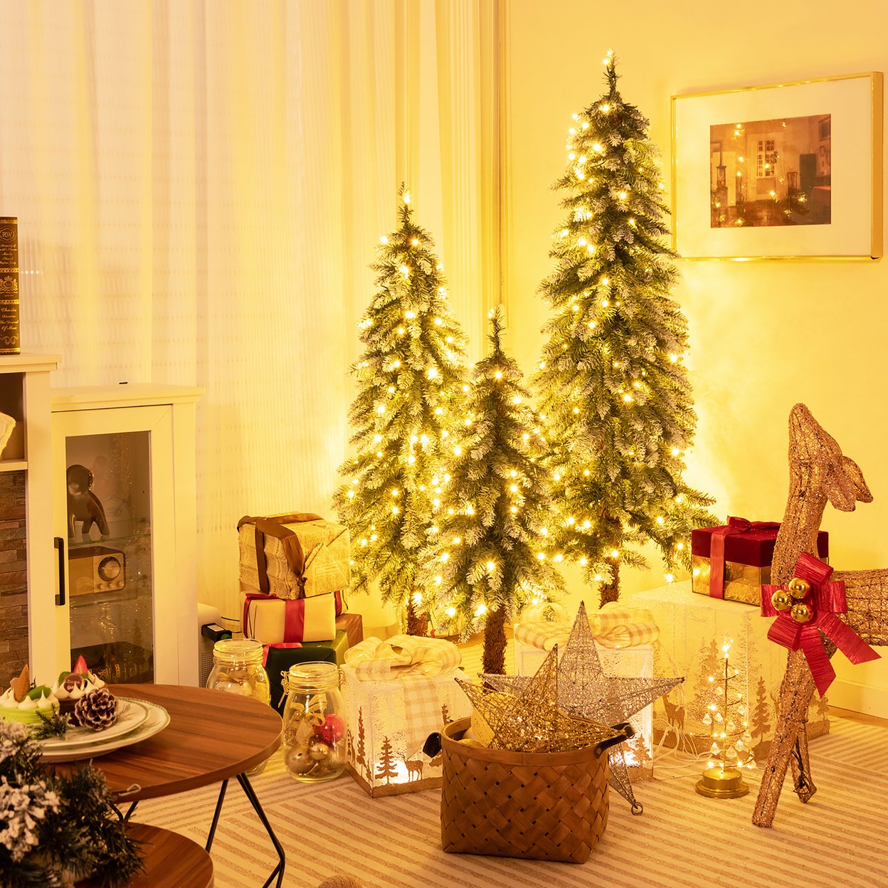 Pre-Lit Artificial Christmas Tree Set Of 3 W/ 3/4/5 Ft Faux Trees Slim Pencil Christmas Trees W/ Led Lights