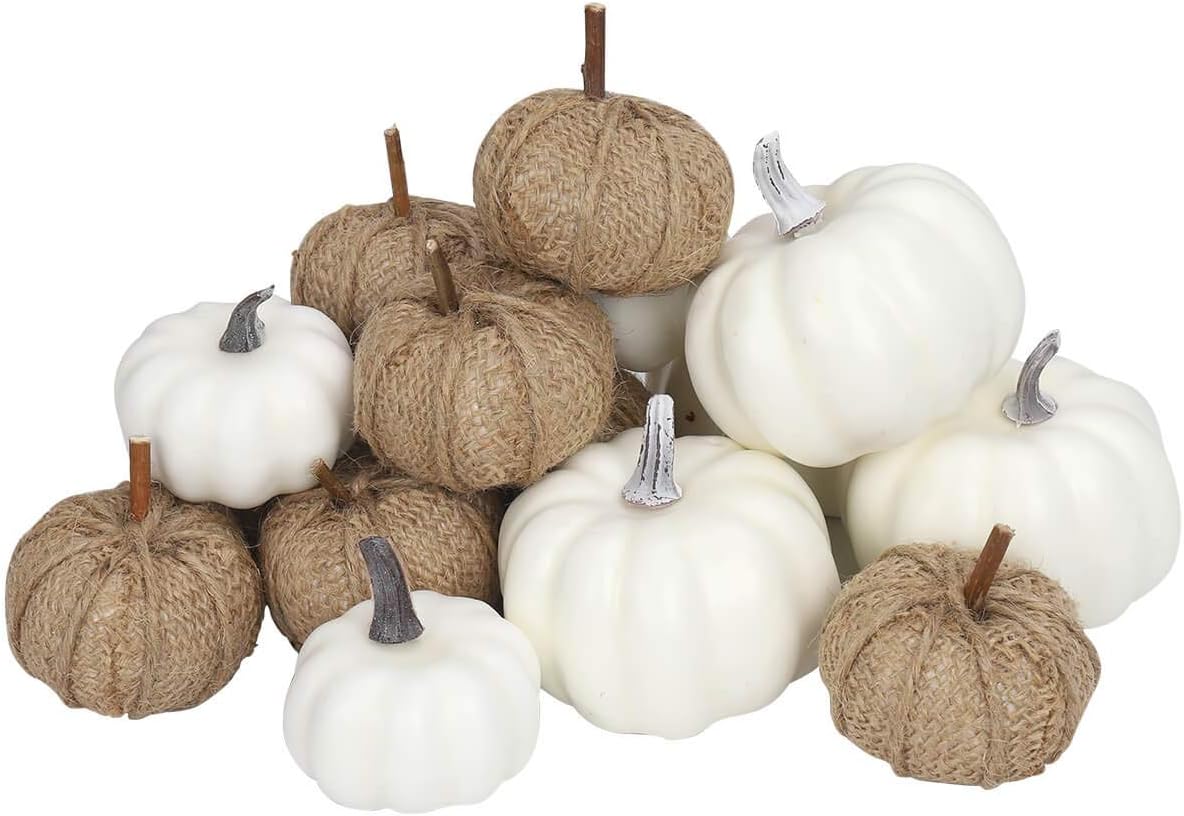 Size - 16PCS White Pumpkins and Burlap Pumpkins for Rustic Fall Decor, Fabric Pumpkins Perfect for Halloween Thanksgiving Decoration Fall Wedding