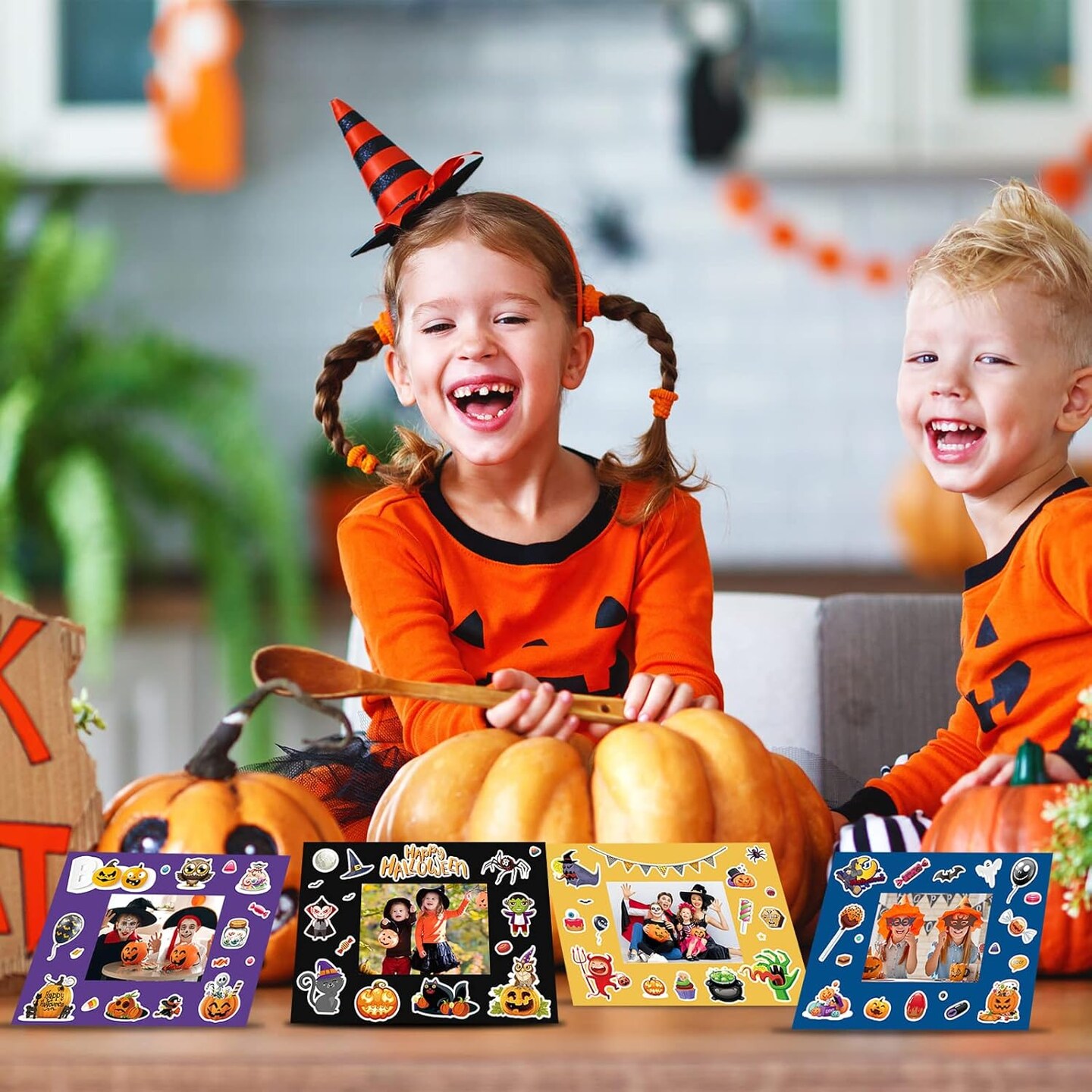 Halloween Photo Frame Craft with 12 Pcs Stickers Pumpkin Picture Frame Craft Halloween Party Decorations for Kids Halloween Activity, Classroom Crafts Supplies