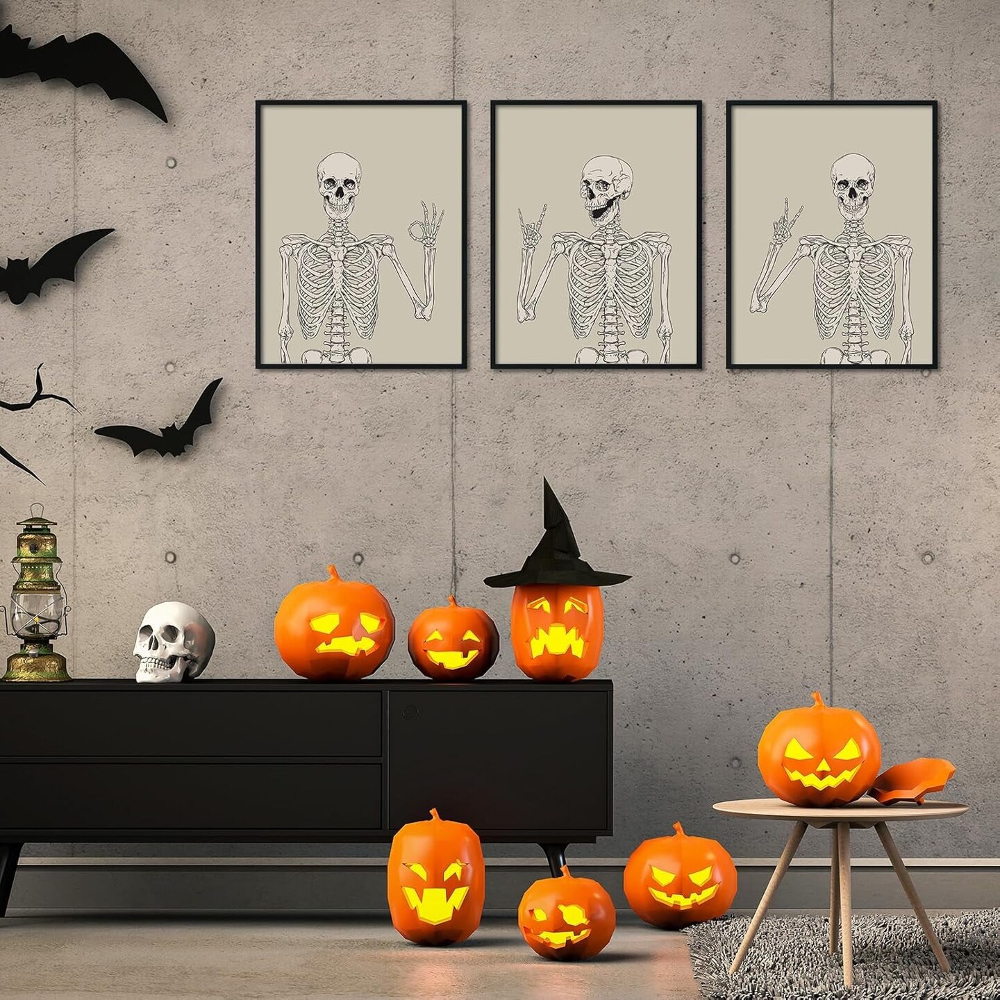 Halloween Wall Art Prints 8X10 Inch Vintage Halloween Wall Decor Boho Skeleton Witch Bat Home Decor Wall Art for Halloween Gallery Wall Home Living Room Bedroom Decor (UNFRAMED)