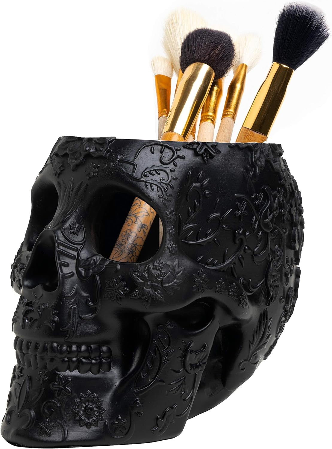 Skull Makeup Brush, Candy Bowl &#x26; Pen Holder, Trick or Treat Bowl, Halloween Goth Decorations, Extra Large, Strong Resin, Skeleton Skulls Gothic Skull &#x26; Bones Organizer Bathroom Skeleton Decor (Black)