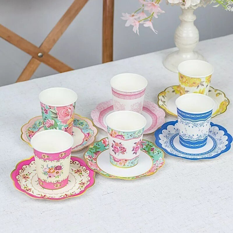 24 Assorted Floral Paper Cups Saucers Set Party Events Tableware Decorations