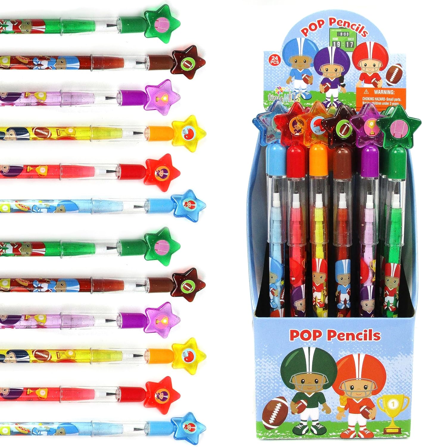 TINYMILLS 24 Pcs Football Stackable Push Pencil Assortment with Eraser for Party Favors Goodie Bag Stuffers VBS Classroom Rewards Pinata Fillers Carnival Prize Sports Football Team Party