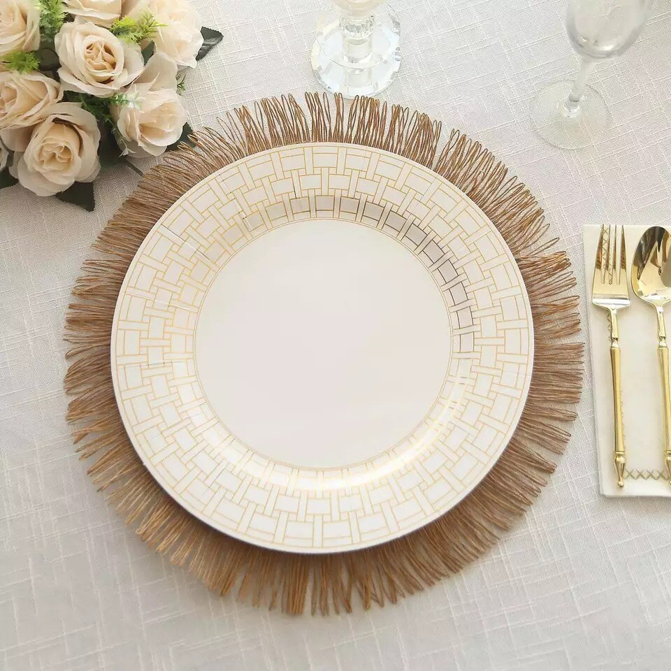 10 White Paper Charger Plates Gold Basketweave Design Rim Party Home Tableware