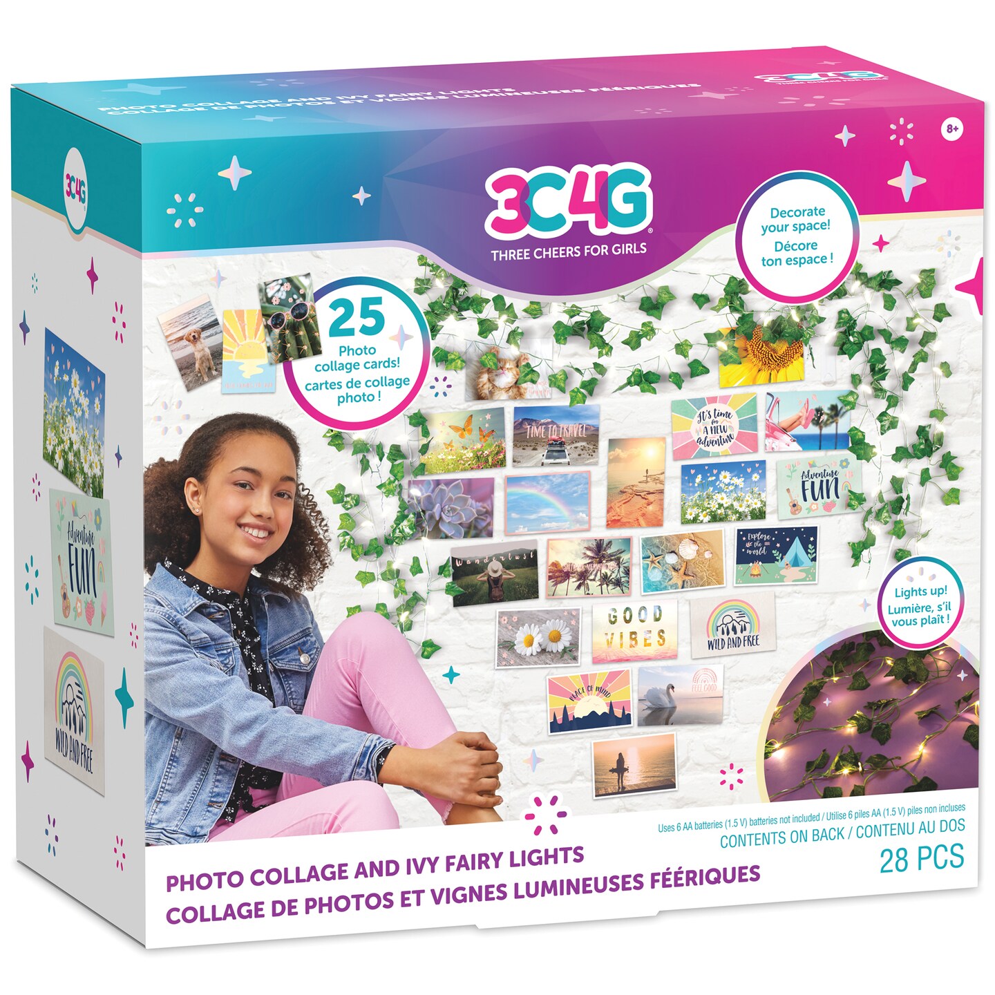 3C4G: Photo Collage &#x26; Ivy Fairy Lights - 28 pcs, DIY Includes 3 Ivy String Lights &#x26; Photos Collage Cards, USB or Battery Powered Lights, Ages 8+, Three Cheers For Girls