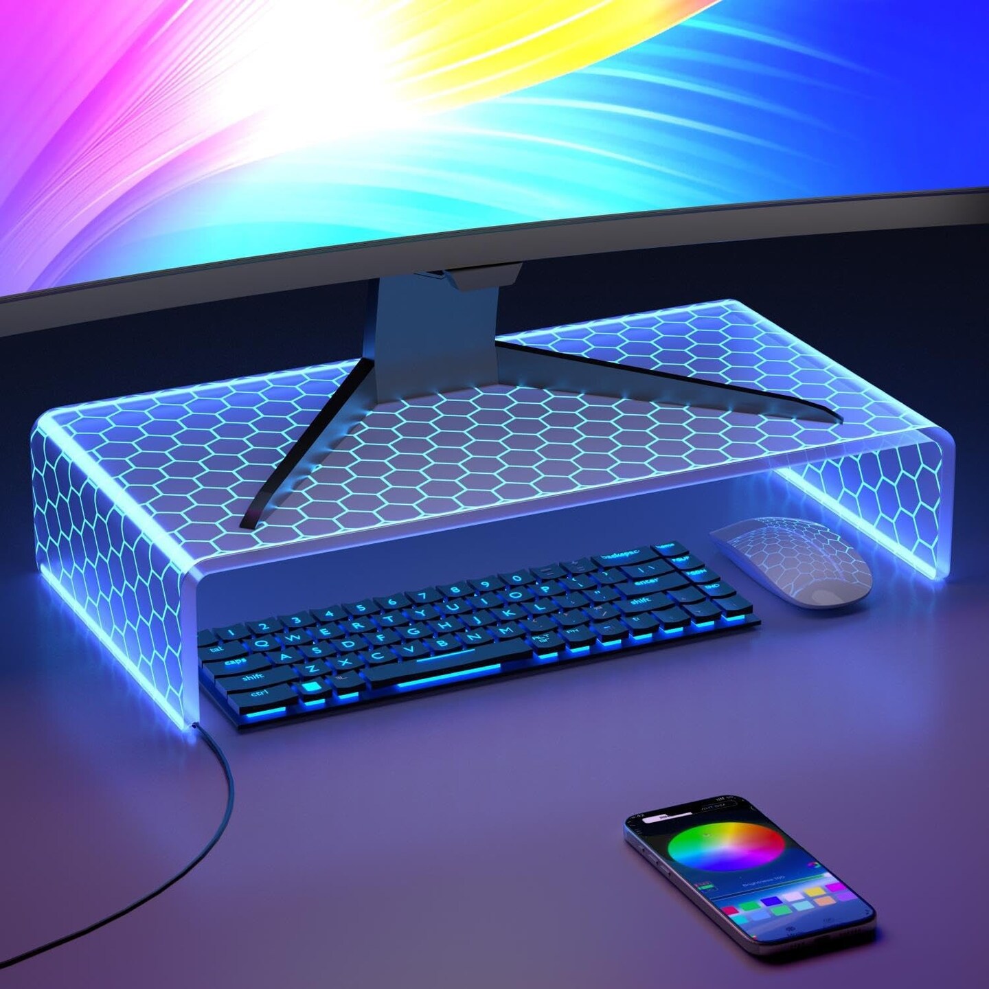 Acrylic Computer Monitor Stand Riser - Gaming Monitor Stand with LED Light Strip, Desk Shelf for Monitor, Clear Monitor Stand for Home Office, Laptop Stand with Storage, Desktop Decor, Honeycomb