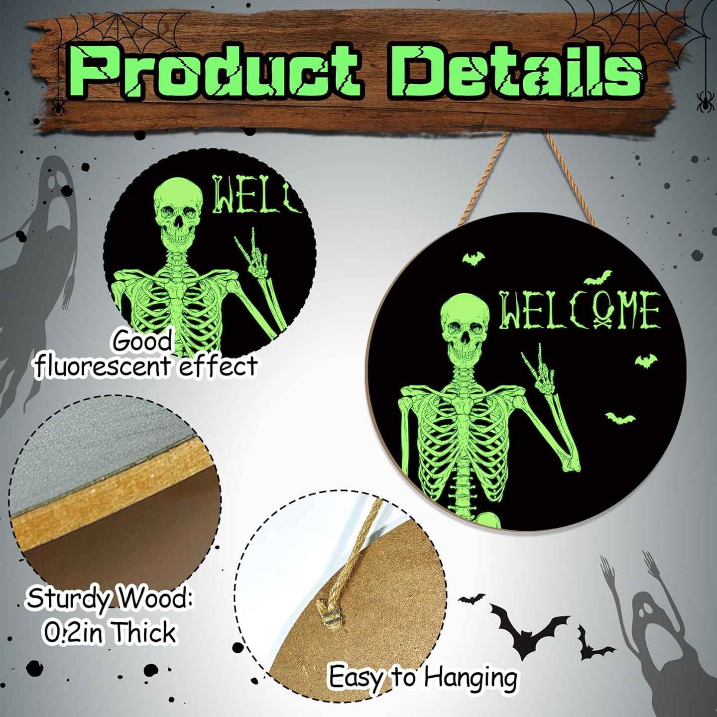 Halloween Door Sign Skull Door Wreath Wooden Spooky Skeleton Welcome Sign Fluorescent Skull Door Hanger Sign Front for Door Porch Wall Decor Indoor Outdoor 12 Inch