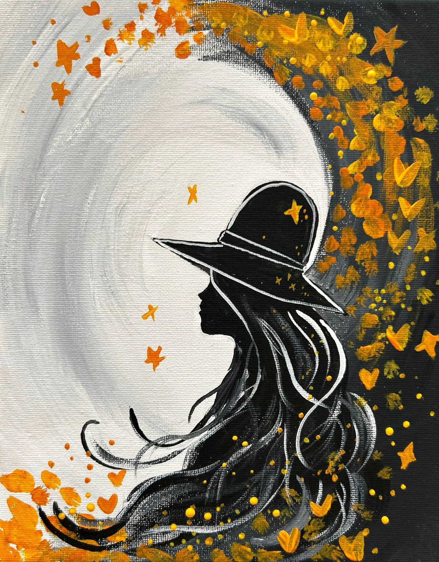 Acrylic Painting "Harvest Moon Woman Silhouette"