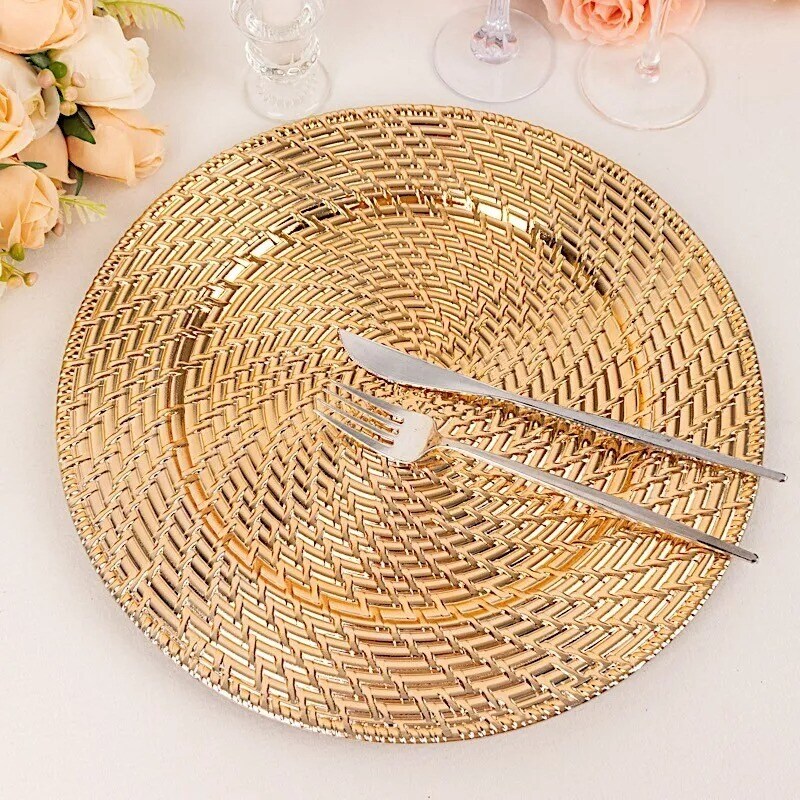 Gold 6 Metallic 13&#x22; Swirl Rattan Acrylic Round Charger Plates Party Tableware