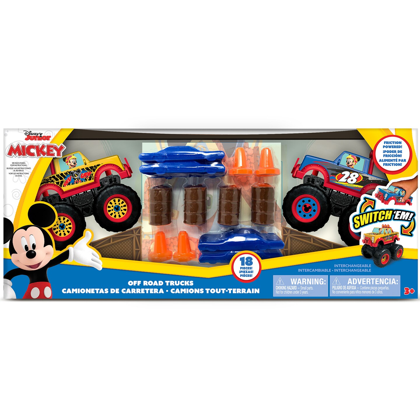 Mickey 18 Piece Off-Road Monster Truck Playset, Friction Powered Vehicles, 2 Switchable Vehicles Plus Accessories, Children Ages 3 Years and Up