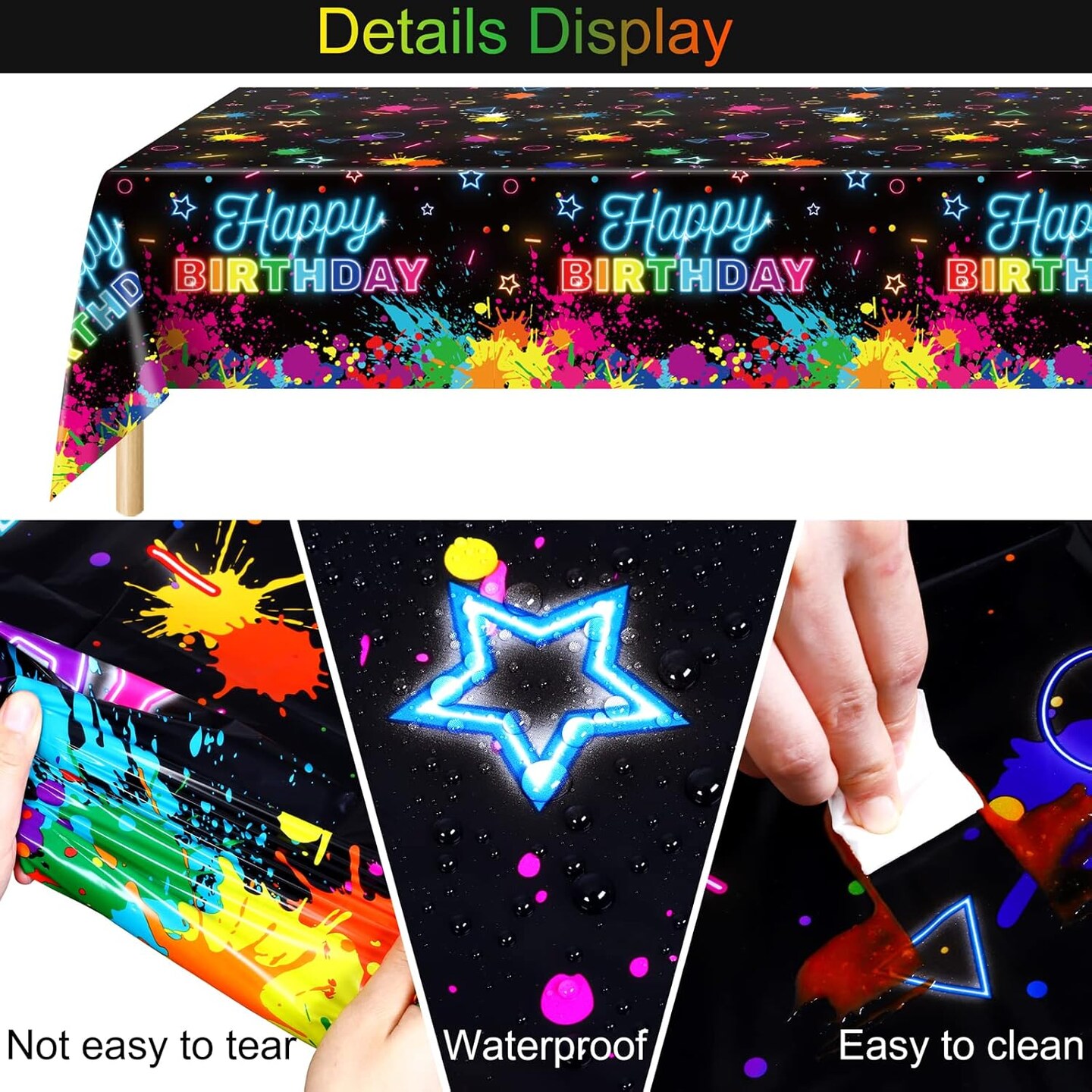 2 Pack Glow in The Dark Birthday Party Tablecloth Neon Plastic Disposable Table Cover Paint Graffiti Happy Birthday Table Decorations for Let&#x27;s Glow Birthday Party, 54 x 108 Inch