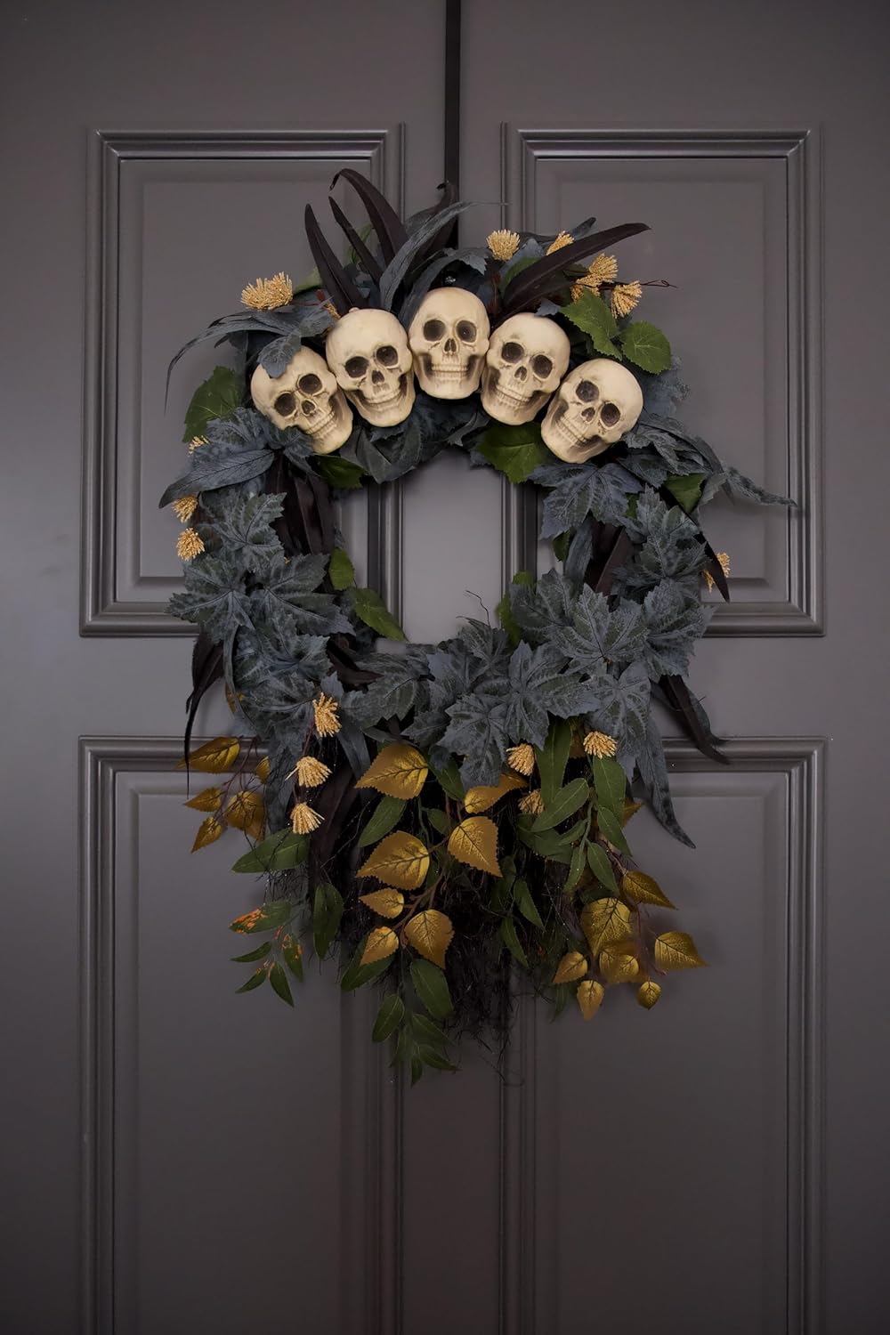24 inch Halloween Wreath for Front Door, Large Artificial Skulls Maple Leaves Outdoor Wreath Decor, Scary Creepy Halloween Decorations for Front Door and Wall