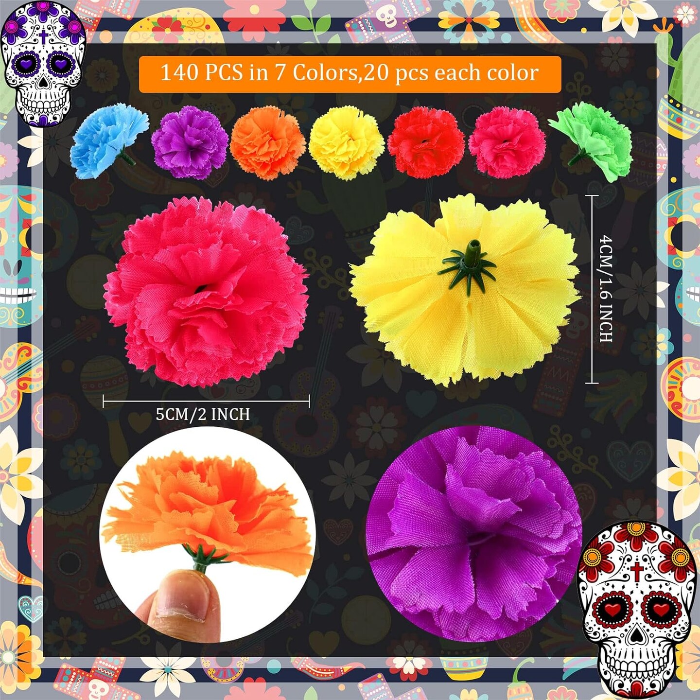 140 Pcs Marigold Flower Head Mexican Artificial Marigold Flowers Halloween Flower Day of The Dead Decoration for Diwali Indian Decor DIY Wreath Garland Craft(2 Inch,Multi Color)