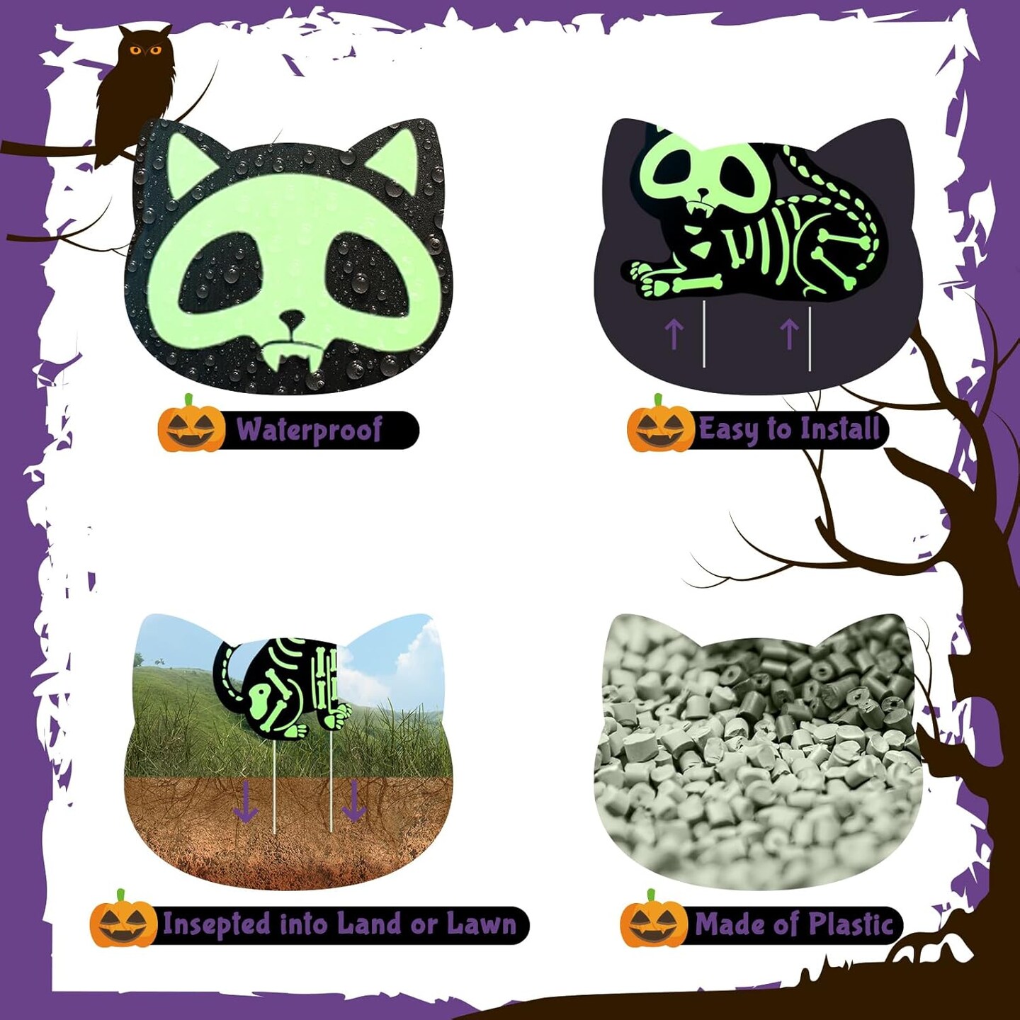 Glow in The Dark Cat Skeleton with Stakes for Spooky Halloween Yard Lawn Patio Garden Day of The Dead Decoration Supplies