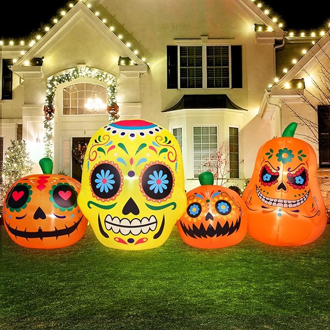 Sugar Skull Inflatable Day of The Dead Inflatable Dia De Los Muertos Decorations Outdoor with LED Lights Halloween Blow Up Yard Decorations