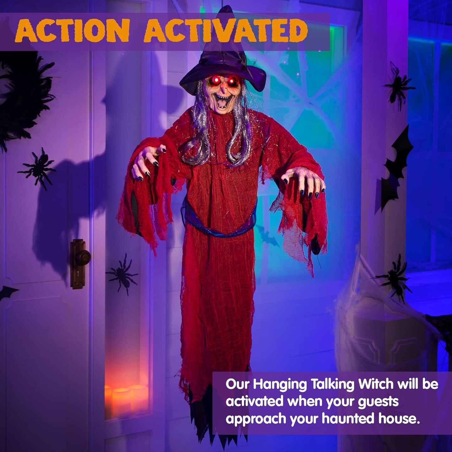 Scary Hanging Witch Decor Halloween Decorations Outdoor, Talking Flying Witch Sound Activated Party Supplies Haunted House Gard Yard Lawn Patio Porch Door Decor