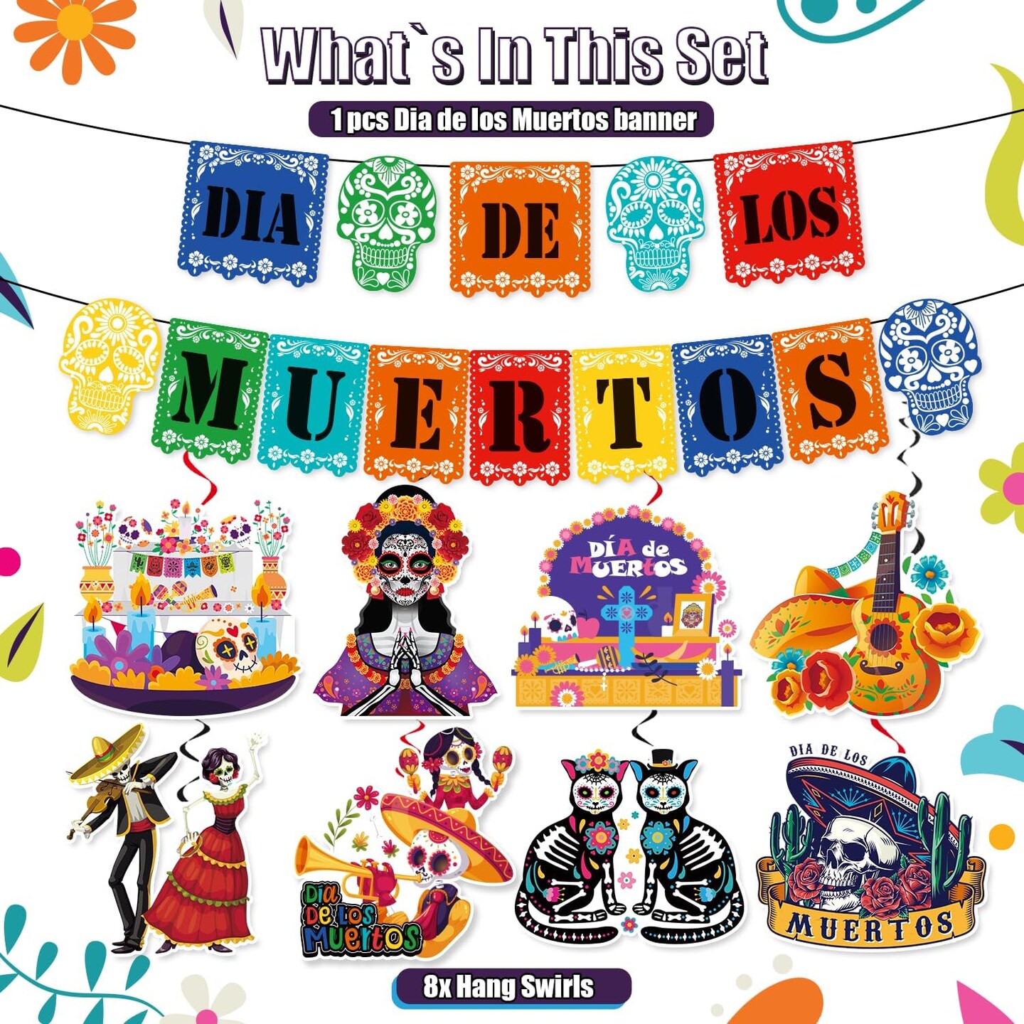 Dia De Los Muertos Decorations Day of the Dead Decorations includes 1pcs Dia De Los Muertos Banner and 8pcs Dia De Los Muertos Altar Hanging Swirls for Day of The Dead Ofrenda Decorations