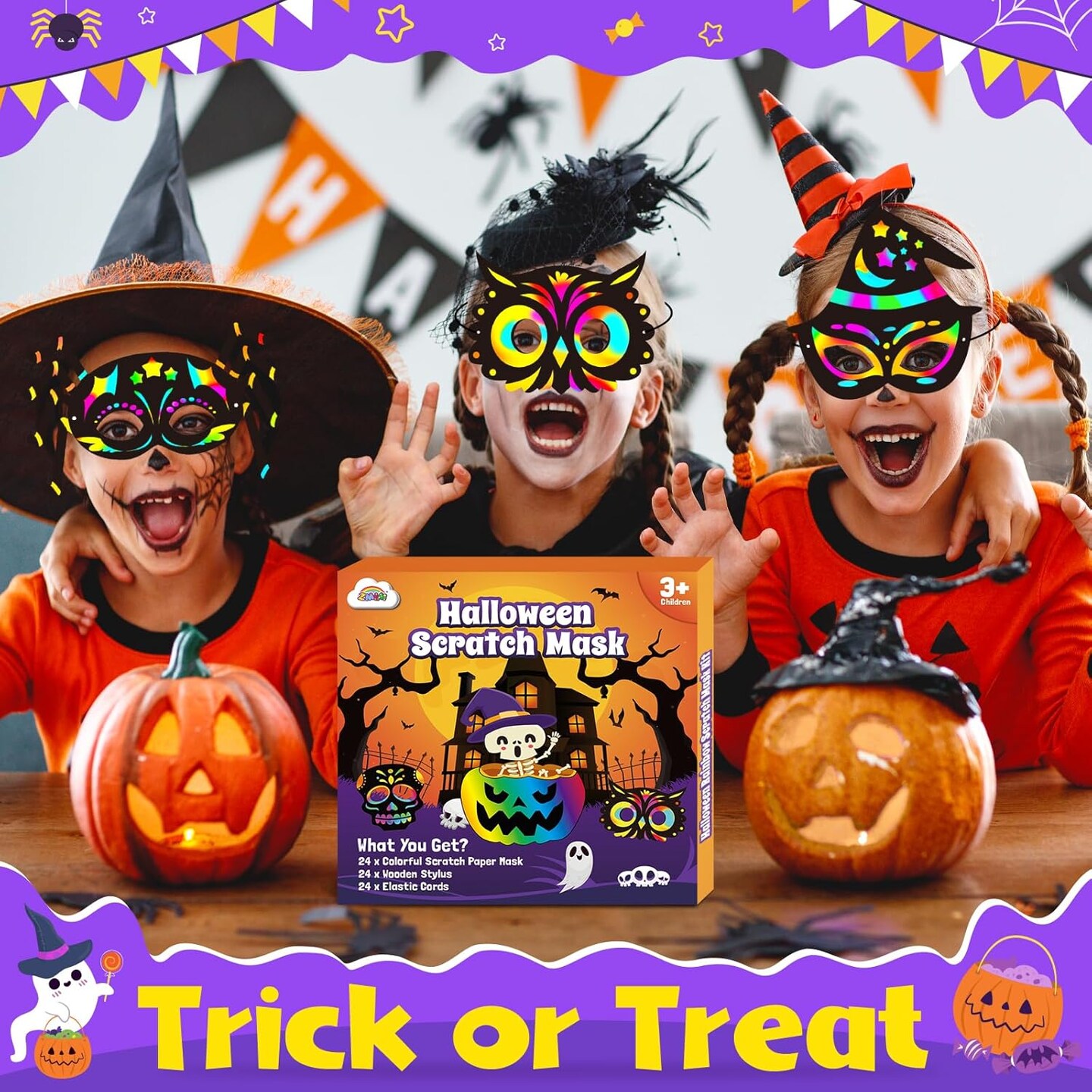 24 Pcs Rainbow Scratch Paper Mask Craft Kit Halloween Themed