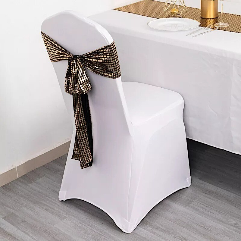 5 Black Gold Polyester Chair Sashes Mirror Foil Design Party Events Decorations