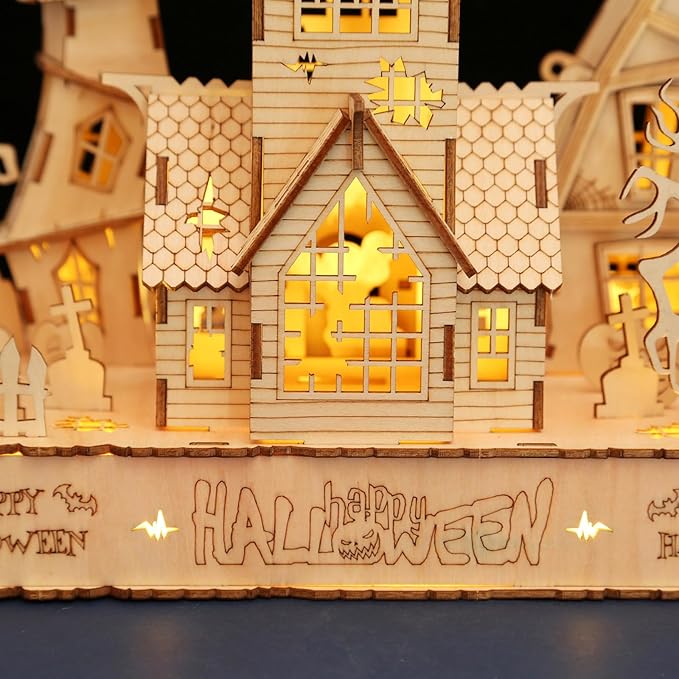 Wood Creative Glow in The Dark Haunted House Puzzle, Assembly Model Building Kits to Build for Adults & Kids, Halloween Decor Model Kits