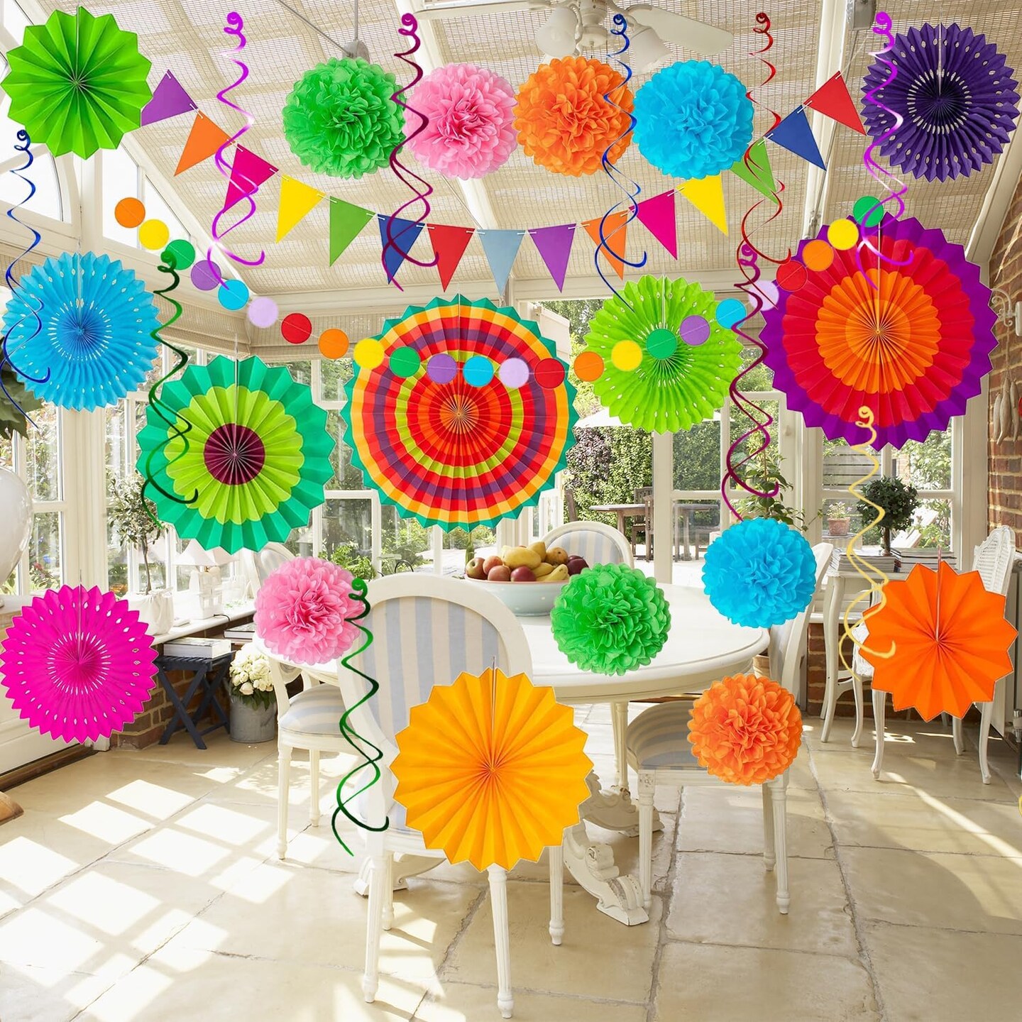 Cinco De Mayo Party Decorations Fiesta Decorations Multi-Color Paper Fans Garlands Pennant Pom Poms Hanging Swirls For Birthday Wedding Rainbow Mexican Party