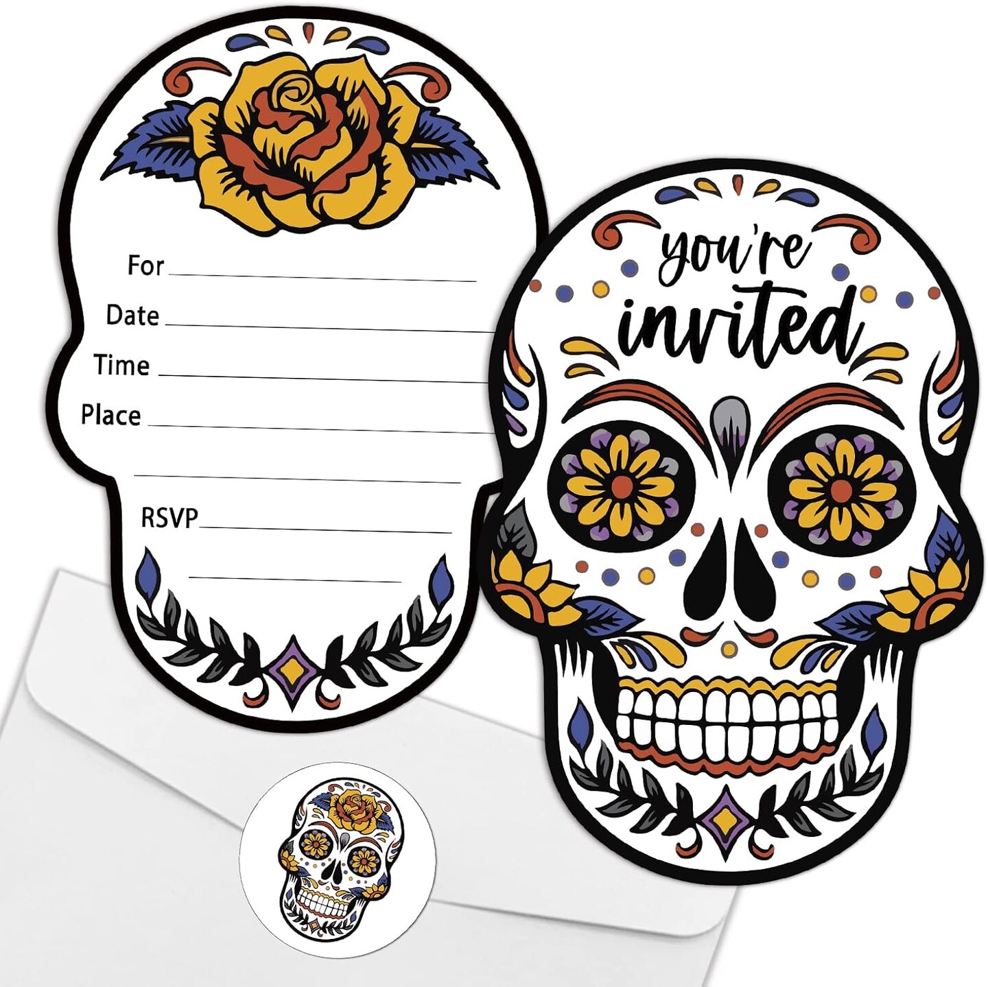 Halloween Sugar Skull Party Invitations with Envelopes &#x26; Stickers