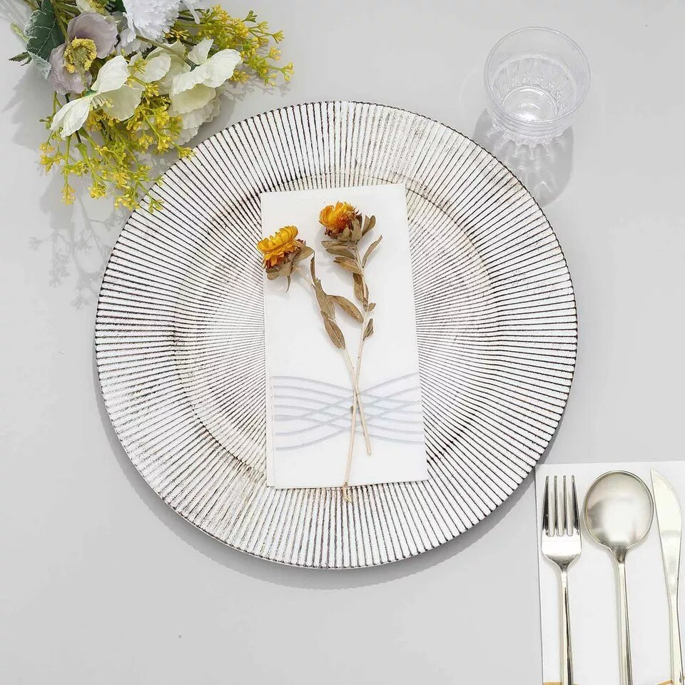 6 Round 13" White Rustic Wooden Plastic Charger Plates Sunray Design Party Event