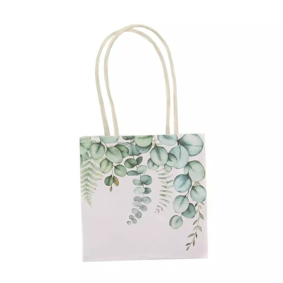 Green 12 Paper 4&#x22; Eucalyptus Leaves Print Favor Gift Bags Handles Party Events