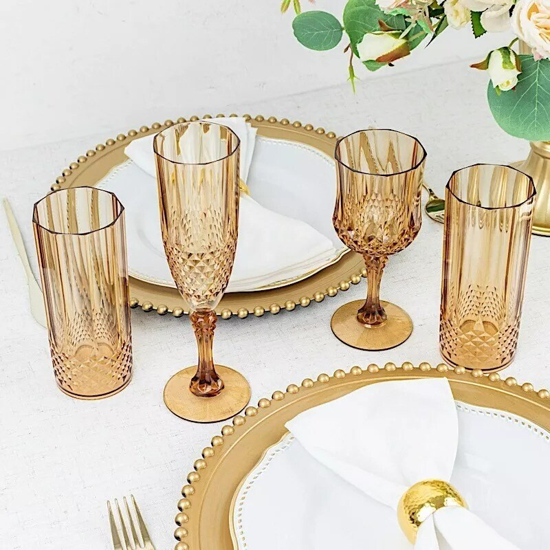 6 Amber Gold 14 oz Crystal Plastic Drinking Glasses Party Events Tableware