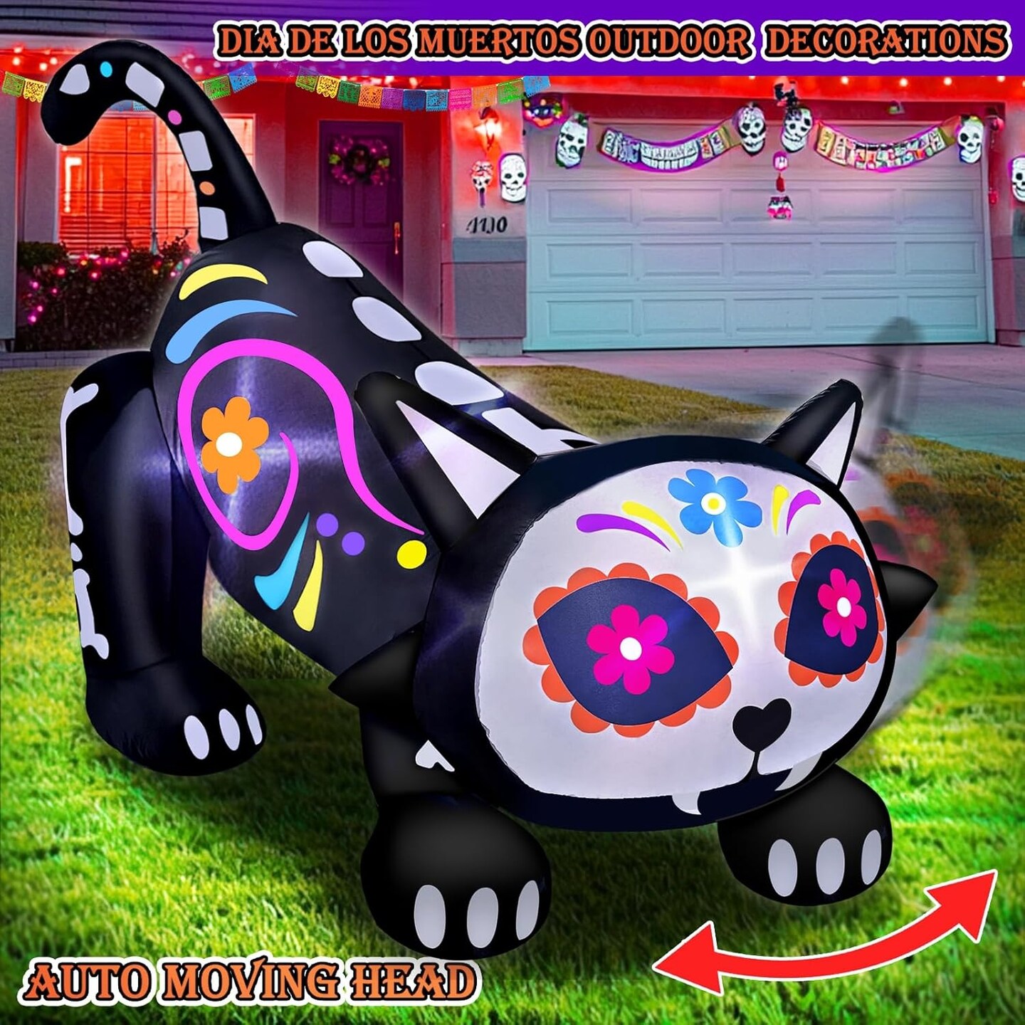 5 Ft Day of The Dead Halloween Inflatables Skeleton Black Cat with Sugar Skull