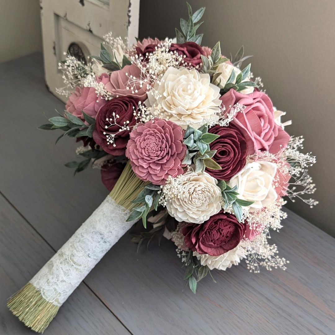 Burgundy, Pinkish Mauve, Dusty Rose, and Ivory Sola Wood Flower