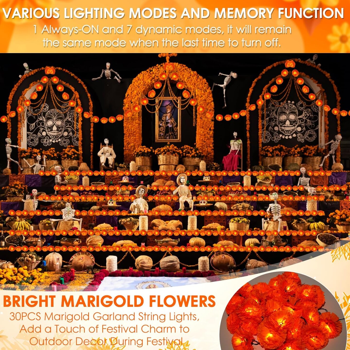 Solar Marigold Garland Lights, Solar Powered Marigold Flowers Outdoor Waterproof with 30 LEDs for Outside Dia de los Muertos, Day of the Dead, Diwali, Coco Party, Altar, Grave, Cemetery Decorations