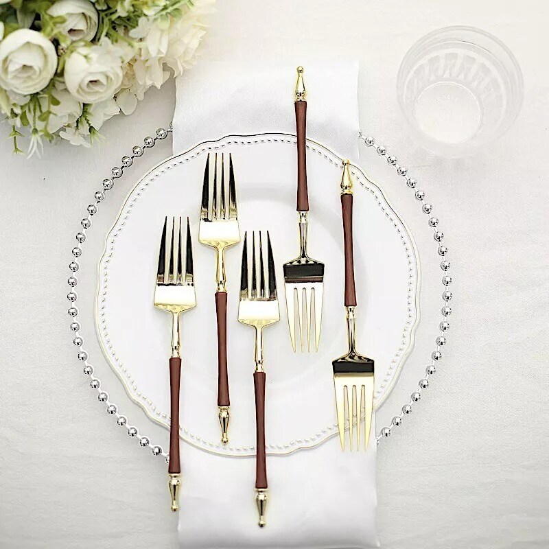 24 Plastic 8&#x22; Gold Brown Plastic Forks Roman Column Handle Party Home Tableware