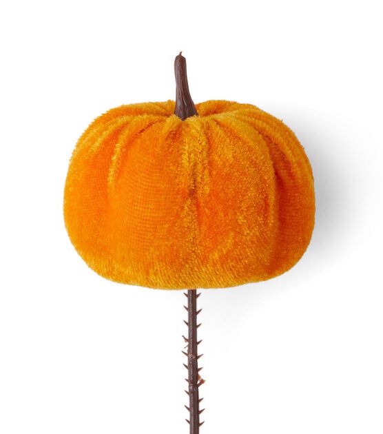 7&#x22; Orange Velvet Pumpkin Pick (3 PCS) &#x2013; Elegant Fall and Halloween Decor