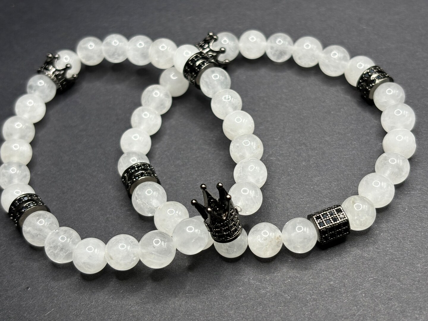 Blanco: 8mm white jade with black spacers and crowns