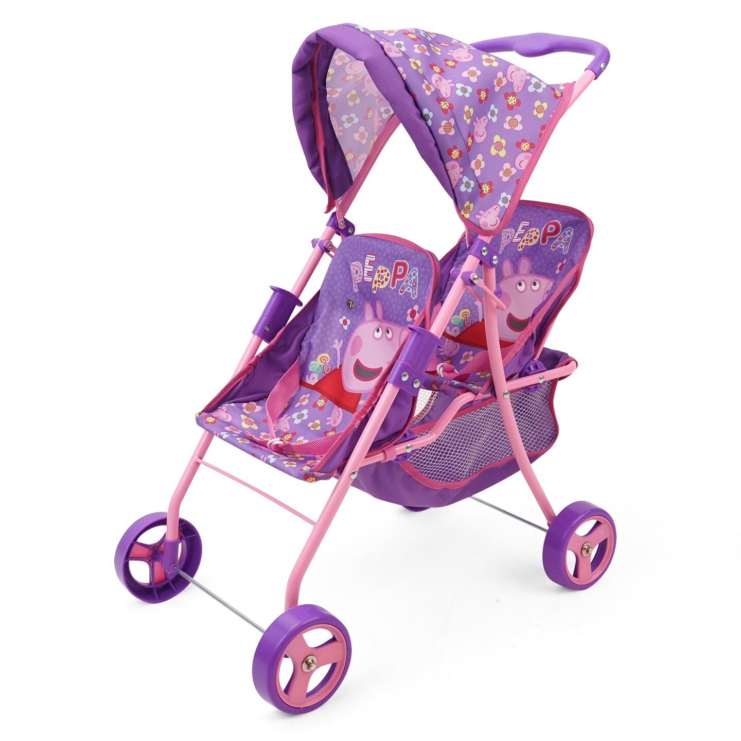 Peppa Pig: Doll Twin Stroller - Purple, Pink, Flowers - Seats 2 Dolls Up To 18&#x22;, Foldable Design, Retractable Canopy, Adjustable Seats, Kid Toy Age 3+