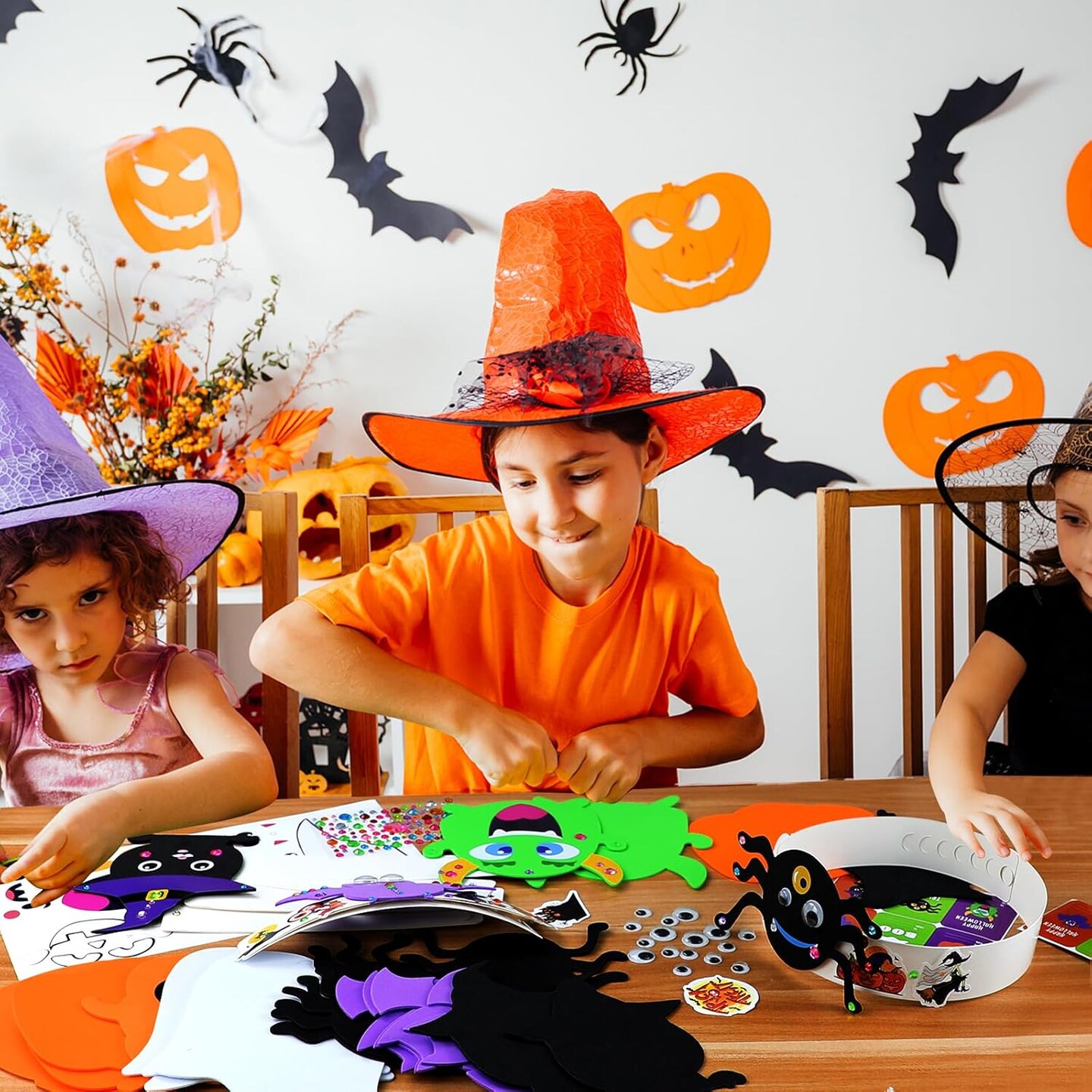 Crown Halloween Headbands Craft Kits Art Set, Pumpkins Ghost Monster Bat Spider Paper Hat with Halloween Foam Stickers for Classroom Activities Party Favors