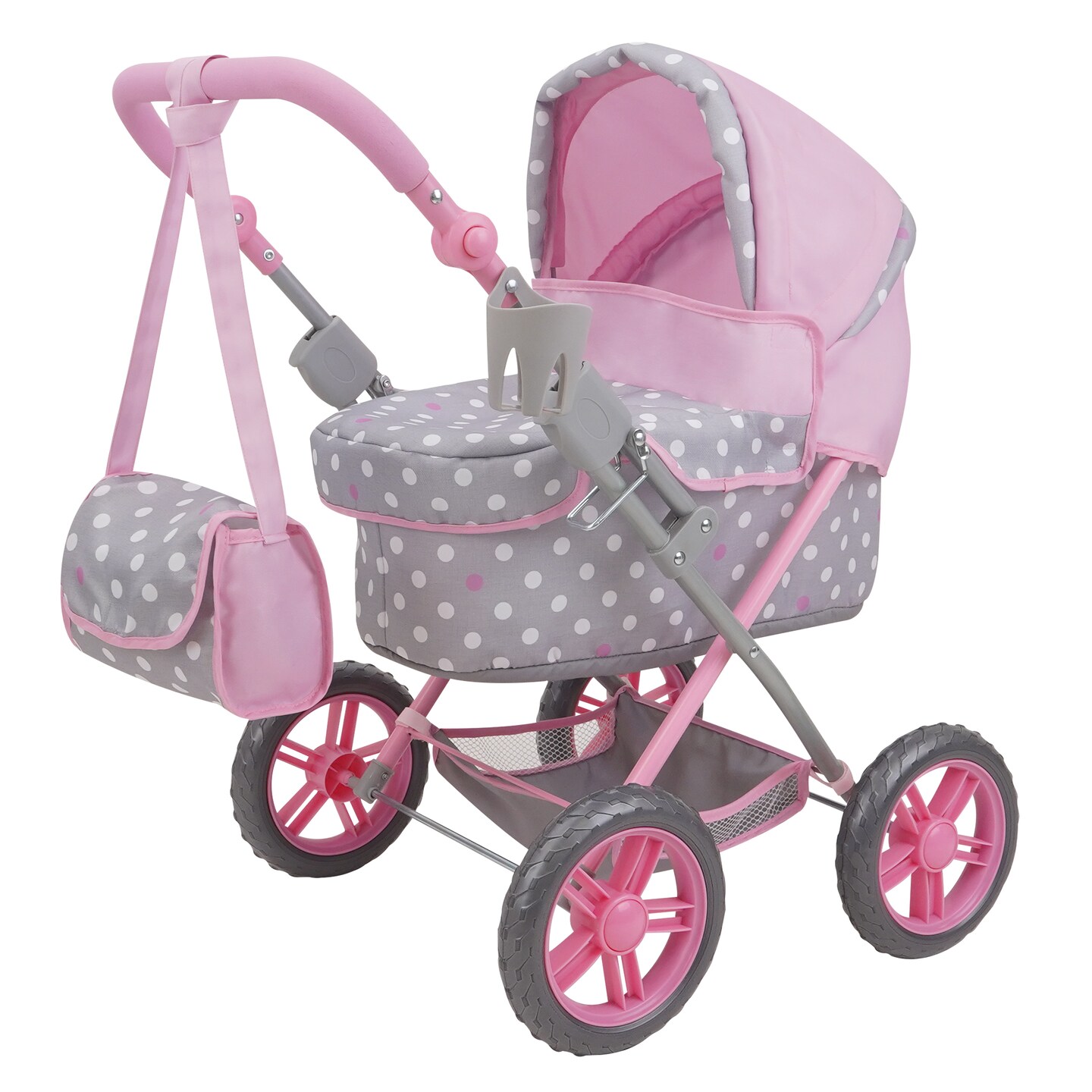 Cotton Candy Pink Amanda Doll Pram in Grey Polka Dots W/ Matching Handbag, Removable Bassinet