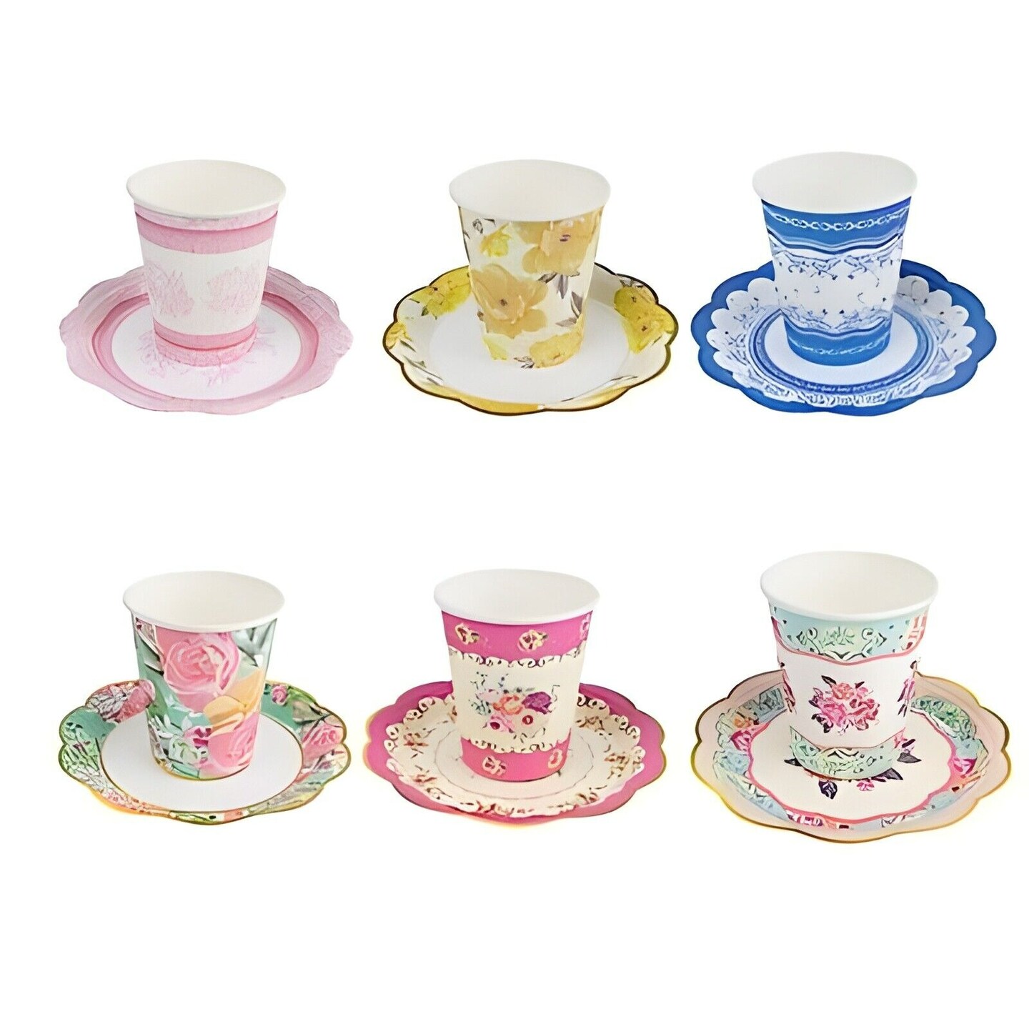 24 Assorted Floral Paper Cups Saucers Set Party Events Tableware Decorations